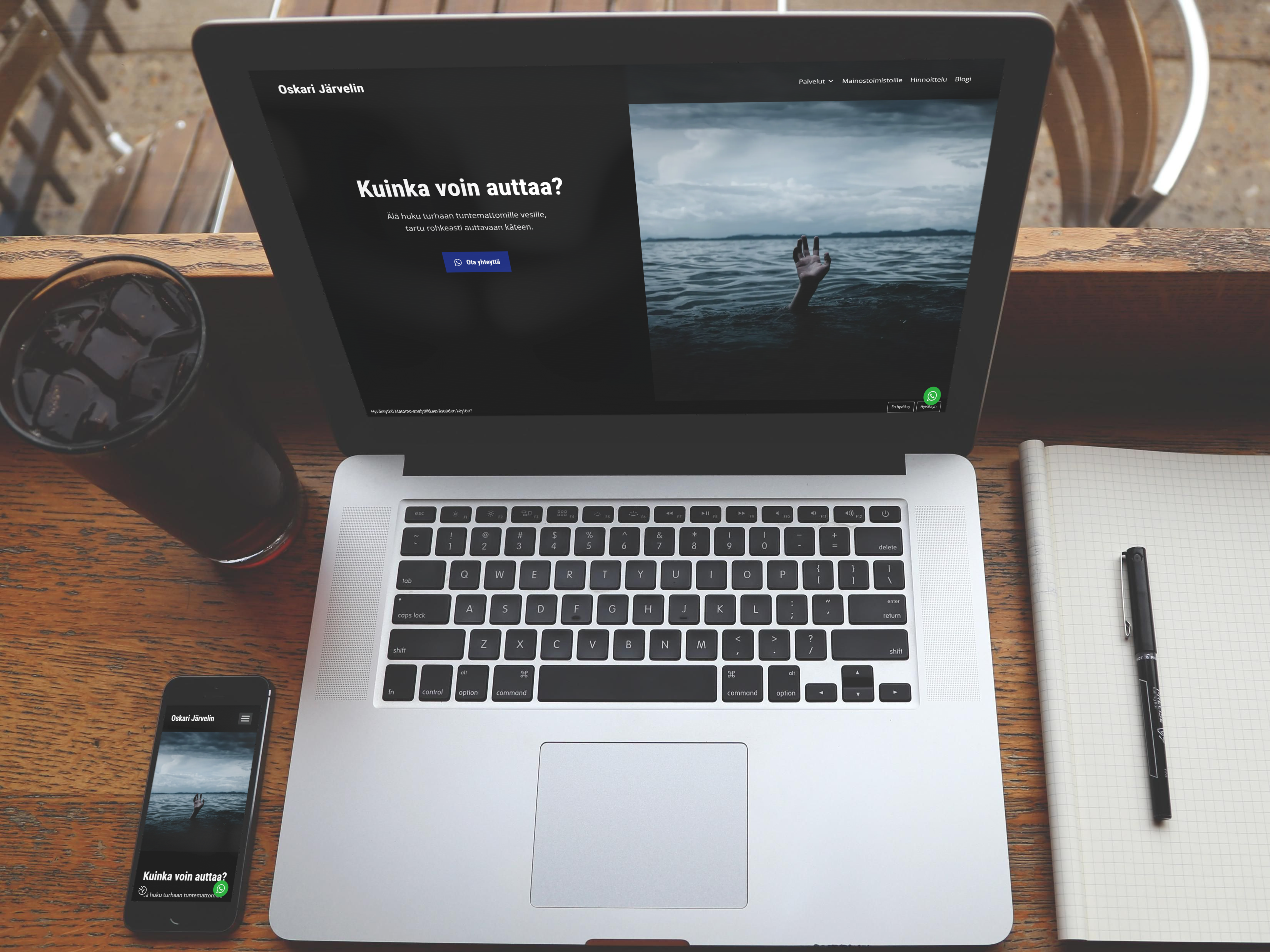 Mockup uusista sivuistani läppärin ja puhelimen näytöillä